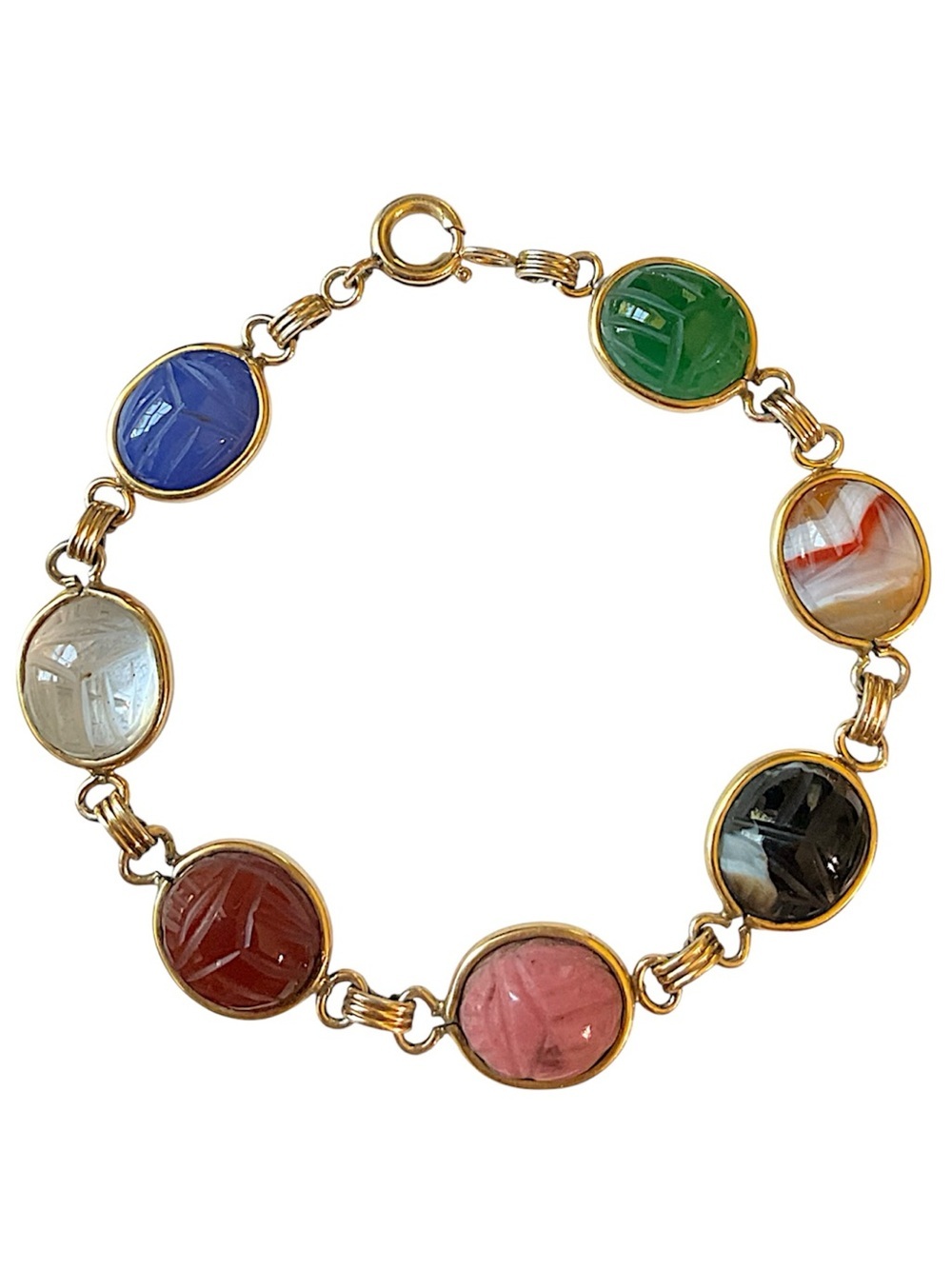Vintage Egyptian Revival Scarab Beetle Multi Gemstone Gold Filled Bracelet